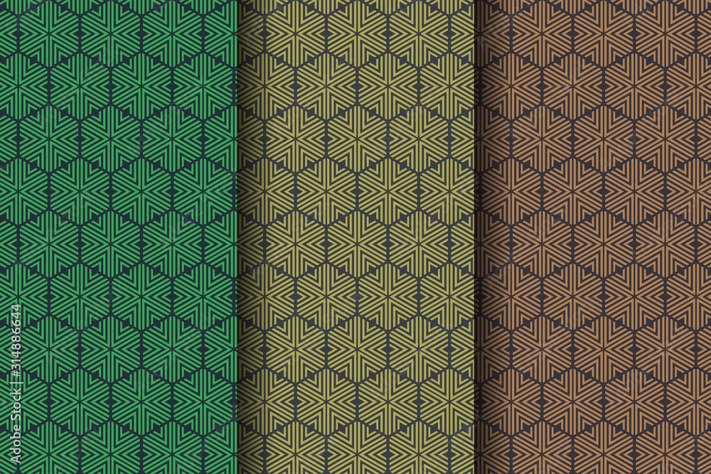 Poster set of flat color abstract hexagon and triangle geometric pattern in dark background. vector illustr