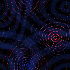 Fototapeta premium Vector geometric seamless pattern with curved lines, halftone dots, fluid shapes. Minimalist sport style, urban art texture. Trendy abstract background in vibrant neon colors, blue, red and black