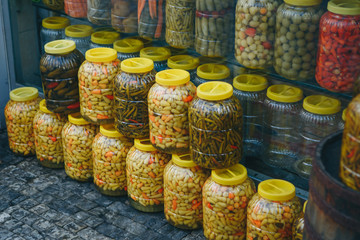 Many canned vegetables in jars for sale in Istanbul in Turkey