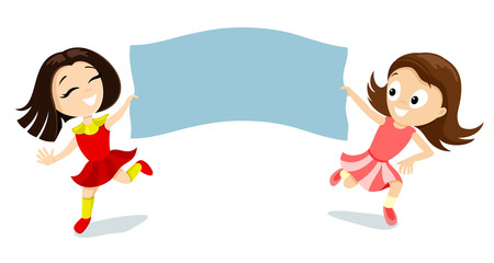 Two cheerful girls run and hold a banner in their hands with free space for text.