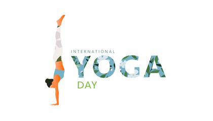 Woman practicing yoga exercise, yoga pose. Modern flat design concept of web page design or mobile website. International Yoga Day. Vector illustration