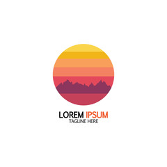 Isolated round sunset vector logo. Mountains silhouette. Minimalistic evening sky.