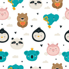 Vector seamless pattern with cute animals. Doodle background. Valentine's day