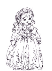 graphic black and white drawing old doll girl in a beautiful dress and hood