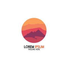 Isolated round sunset vector logo. Mountains silhouette. Minimalistic evening sky.