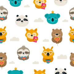 Vector seamless pattern with cute animals. Doodle background. Valentine's day