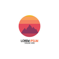 Isolated round sunset vector logo. Mountains silhouette. Minimalistic evening sky.