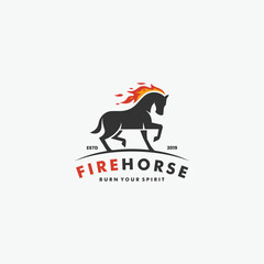 Vector Logo Illustration Animal Running Horse With Flame Fire Strong Emblem Style