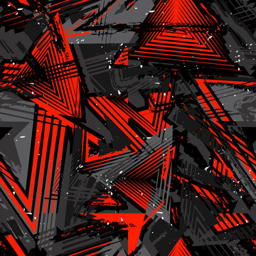 Abstract seamless grunge pattern. Urban art texture with neon lines, triangles, chaotic brush strokes, ink elements. Colorful graffiti vector background. Trendy design in red, black and gray color