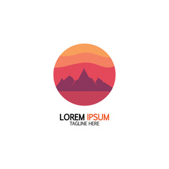 Isolated round sunset vector logo. Mountains silhouette. Minimalistic evening sky.