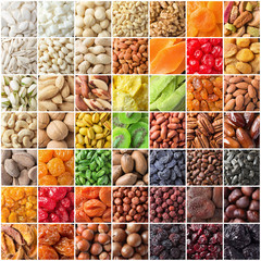 mix kinds nuts and dried fruit. colorful raw food collage