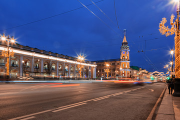 Nevsky Prospect in St. Petersburg. 2020 January. Photo of the highway.   Night photo of the city.