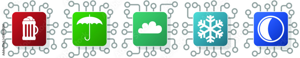 Poster Set of beer, cloud, snowflake, umbrella and moon icons for webdesign and mobile applications, cpu, chip concept vector illustration