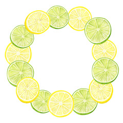 Watercolor citrus wreath. Hand drawn botanical illustration of lime and lemon fruit slices. Plant round frame on white background for design, package, decoration, card.