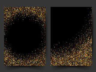 Invitation template with gold glitter confetti background. Festive greeting cards design for event