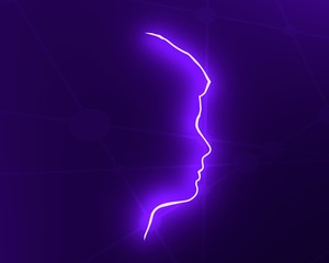Face profile view. Elegant silhouette of male head. Beautiful man portrait. Thin line style. 3D rendering. Neon shine