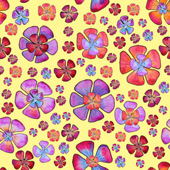 seamless pattern flowers leaves yellow red purple