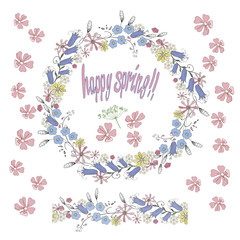Round flower garland, brushes and patterns with spring flowers . For holiday design, advertising, greeting cards, posters, advertising and lettering.