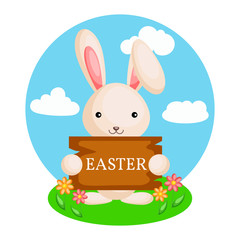Happy Easter greeting card with сolorful rabbit and flowers