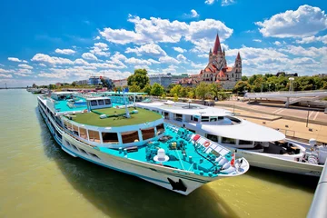 Foto op Canvas Vienna. Franz von Assisi church and river cruiser on Danube river in Vienna view © xbrchx