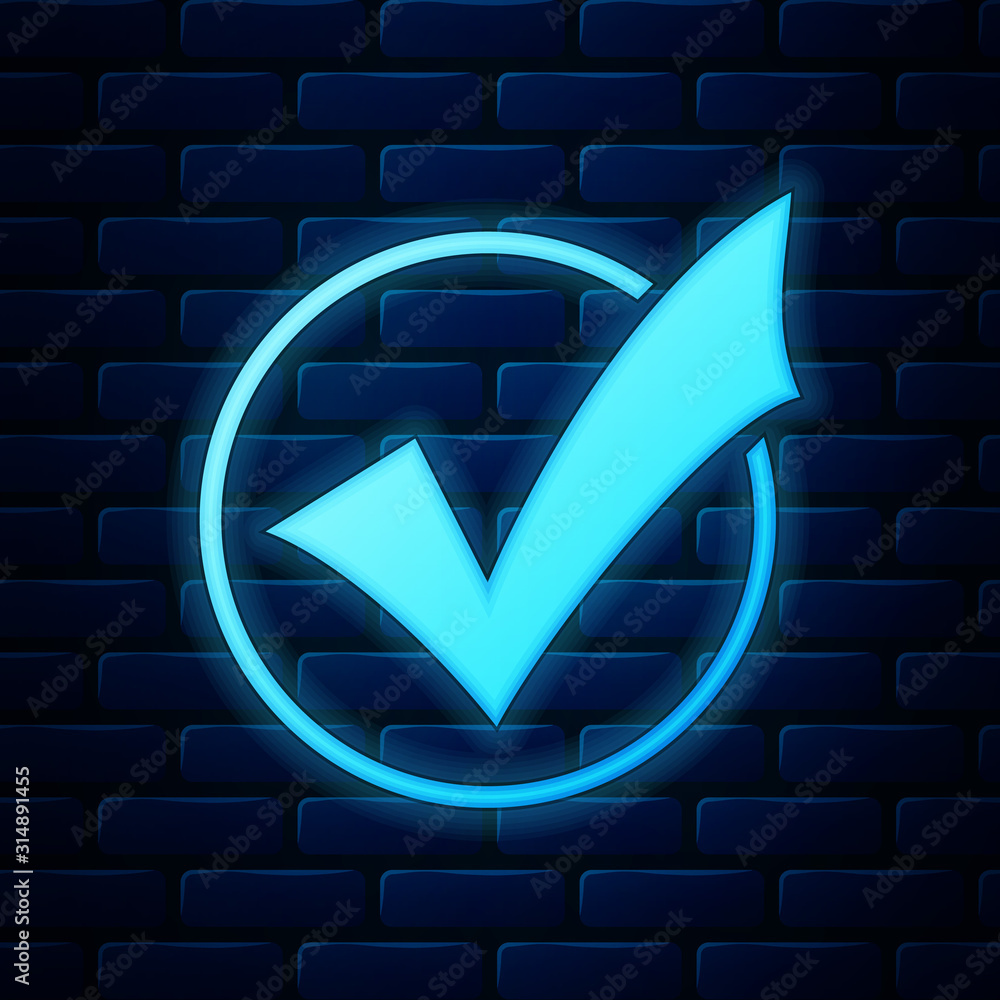 Poster glowing neon check mark in round icon isolated on brick wall background. check list button sign. vec