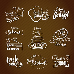 Back to school concept. Collection of white badges on dark background. Vector illustration
