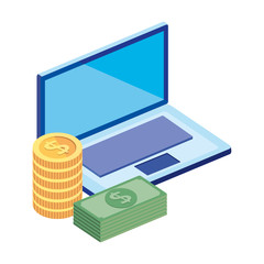 stack bills with laptop and pile coins vector illustration design