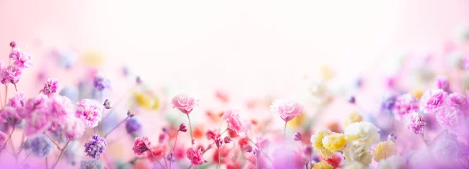 Badezimmer Foto Rückwand Frühlingsblumenkomposition aus frischen bunten Blumen auf hellem Pastellhintergrund. Festliches Blumenkonzept mit Kopienraum. © Svetlana Kolpakova