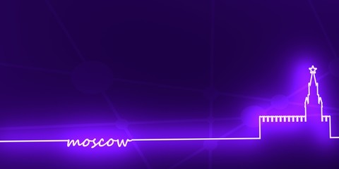 Spasskaya Tower of Kremlin and part of the wall in Moscow. Horizontal thin line style web banner. 3D rendering. Neon shine