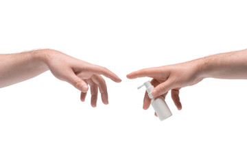 Two male hands passing one another white small mouth spray on white background