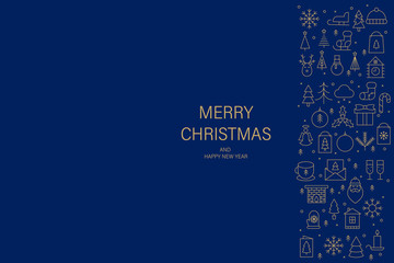Christmas greeting card with gold  thin line icons, deep blue background.