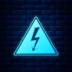Glowing neon High voltage sign icon isolated on brick wall background. Danger symbol. Arrow in triangle. Warning icon. Vector Illustration