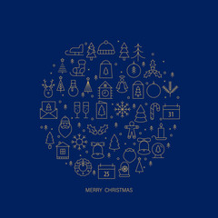 Christmas greeting card with gold  thin line icons, deep blue background.