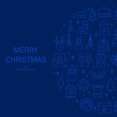 Christmas greeting card with gold  thin line icons, deep blue background.