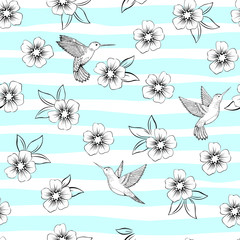 Black and white seamless vector pattern with tropical flowers, leaves and hummingbird. © barberry
