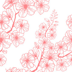 Fototapeta na wymiar Stock vector seamless pattern with hand-drawn pink sakura branch. Ink illustration silhouette blooming cherry. Decorating Japanese spring holiday wrapping, stationery, bedline, wallpaper and fabric.