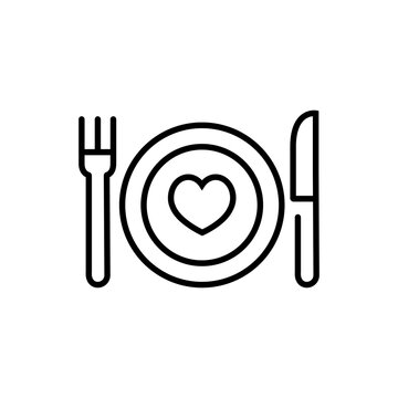Conceptual eat healthy icon. Heart and dining plate sign. Concept eat well for your health symbol. Thin line icon on white background. Vector illustration.