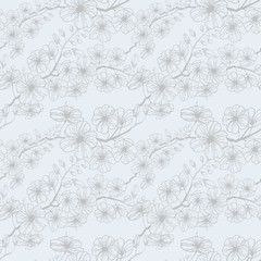 Stock vector seamless pattern with hand-drawn grey sakura branch. Ink illustration silhouette blooming cherry. Decorating Japanese spring holiday wrapping, stationery, bedline, wallpaper and fabric. © Morgan Ph