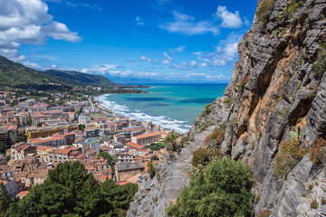 Fototapeta na wymiar Aerial view from large massif rock above Old Town of Cefalu city located on the Tyrrhenian Sea on Sicily Island in Italy