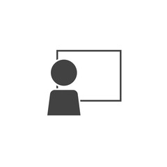 Vector icon business man, teacher near a business board on white isolated background. Layers grouped for easy editing illustration. For your design.