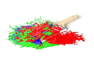 Red, green and blue paint splashing onto paint brush on white background