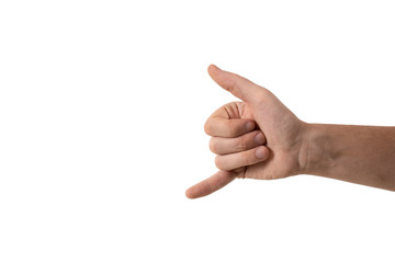 A hand with three folded fingers, the thumb raised up and the little finger down.