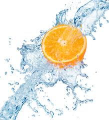 half of orange in water splash isolated on white background