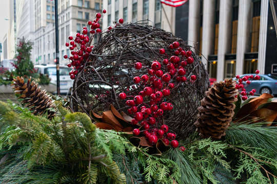 Christmas Holiday Decoration in a Planter along the Sidewalk in Downtown Chicago