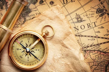 Fotobehang antique compass on ancient map made by H.Hondius at 1652 © Pineapple studio