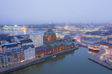 HELSINKI, FINLAND - NOVEMBER 2019: Aerial view of Uspenski Cathedral, Helsinki Finland. Tours in...