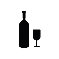 Bottle of wine and glass  - black vector icon