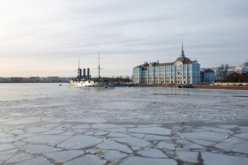 Saint-Petersburg.Winter landscape of the city.The waterfront is the famous cruiser , the Aurora