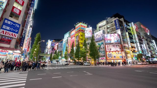 Akihabara, Japan- November 6, 2019: 4K time lapse video of Chiyoda district Akihabara Tokyo The historic electronics district has evolved into a shopping area for household goods