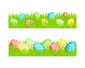 Set of Easter greeting card decoration element  with spring grass and сolorful eggs